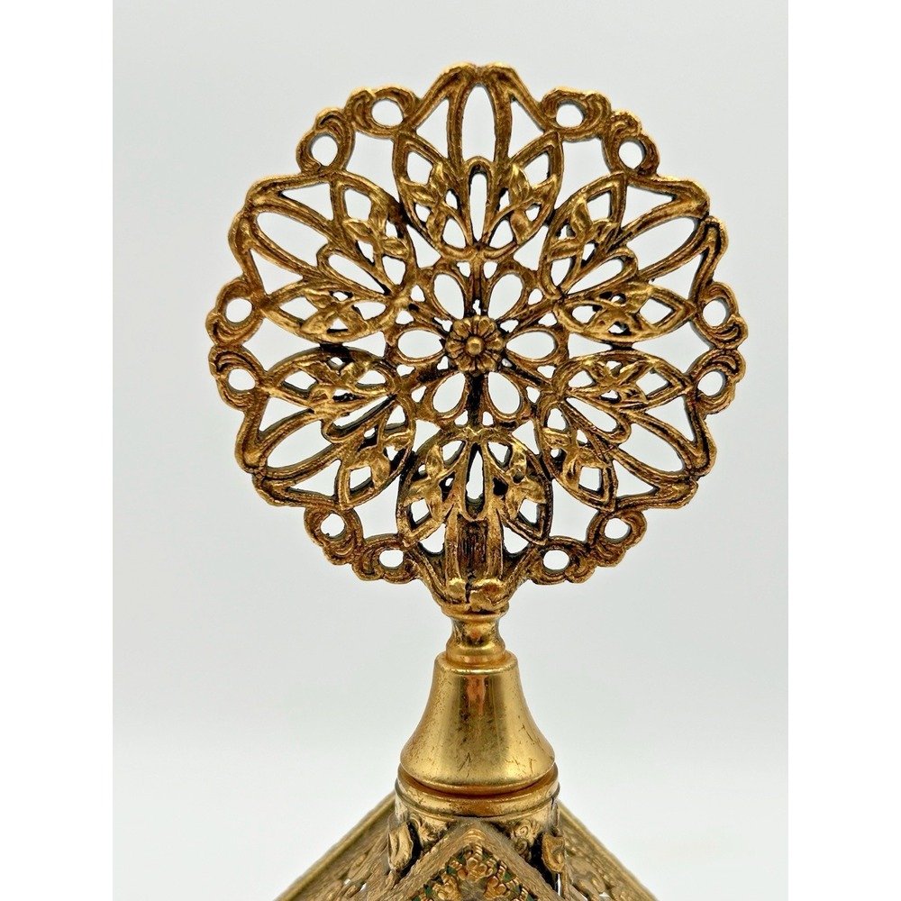 Vintage Brass Filigree Floral Ormolu Perfume Bottle Antique Glass Ornate Vanity - Picture 6 of 10